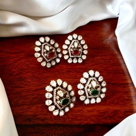 Handmade Brass Metal Jewellery Green Kundan Stud Earrings